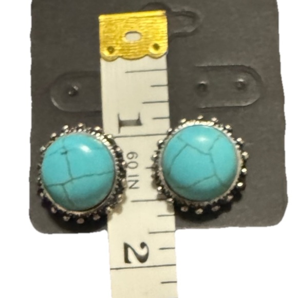 Faux Turquoise Round Earrings In A Silver Tone Setting. About .5” Pierced Ears - Picture 3 of 3